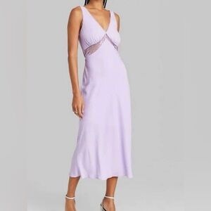 Lavender lilac plunge front v-back lace bodice bias cut maxi dress size medium‎